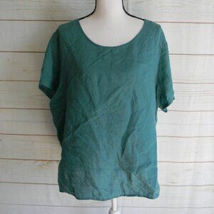Tahari Womens 100% Linen Blouse Top High Low TEAL Short Sleeve Plus Size 2X